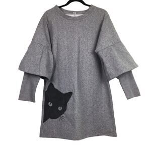 OC Orderplus Whimsical Cat Grey Flared Sleeve Casual Tunic Avant Garde Dress M